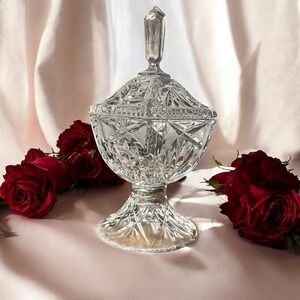 VTG 11" Tall Mid Century Crystal Container Candy Dish Decor with Lid 6 Sided